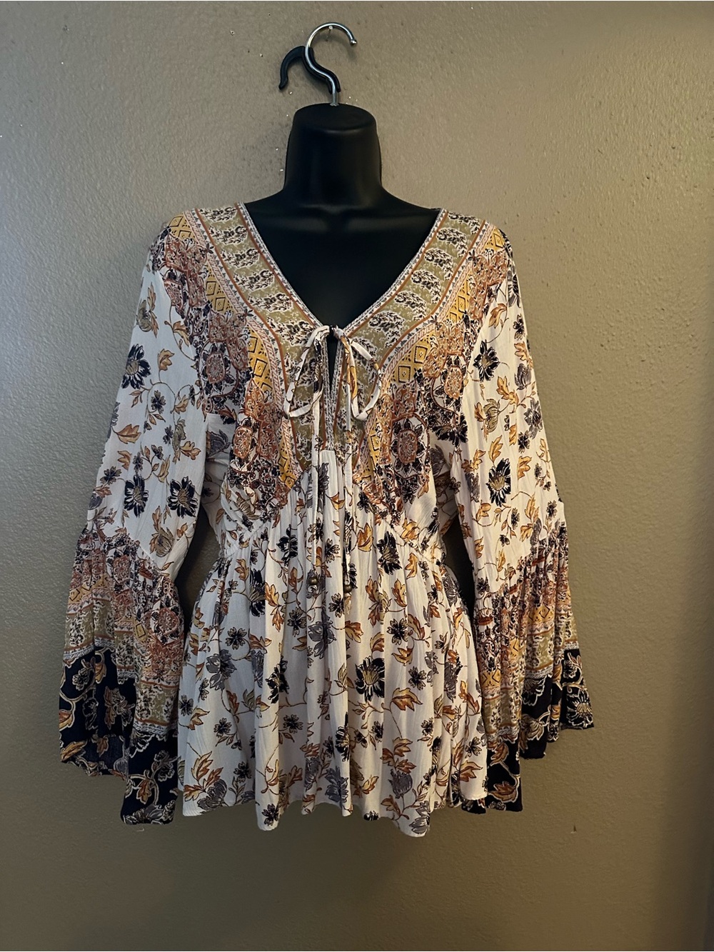 Angie Cream Floral Tie-Front Peasant Tunic with Brown & Black Accents